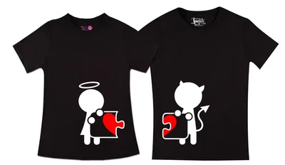 Прикольные футболки: парные - ангел и демон с сердцем